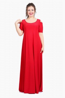 Plus Size - Plus Size Shoulder Slit Long Evening Dress Red 100276131 - Turkey