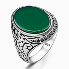 Green Agate Stone Silver Men's Ring 100348174