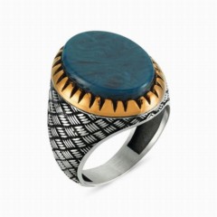 mix - Amber Stone Sterling Silver Men's Ring Turquoise 100348142 - Turkey