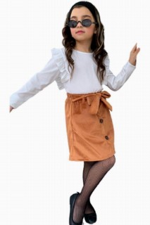 Outwear - New Girl's Frilly and Double Pockets Button Detail Velvet White Skirt Suit 100344683 - Turkey