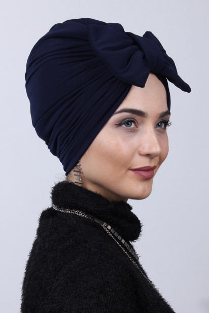 Woman Bonnet & Turban - Two Way Bone Bleu Marine Avec Noeud Rempli - Turkey