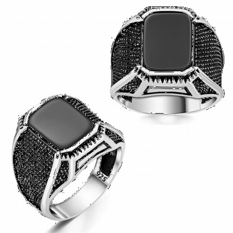 Pattern Embroidered Onyx Stone Silver Ring 100350216