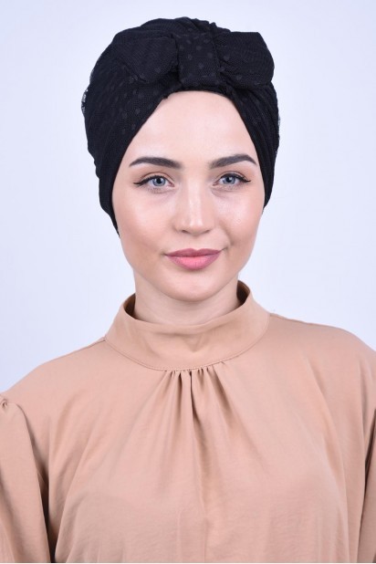 Woman Bonnet & Turban - الدانتيل القوس بونيه الأسود - Turkey