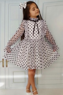 Kids - Girl's Sleeves Transparent Ruffle Detailed and Polka Dot Ecru Dress 100328200 - Turkey