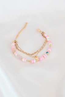Woman - Pink Bead Evil Eye Bead Detail Gold Color Women's Bracelet 100327671 - Turkey