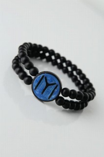 Black Color Double Row Natural Stone Men's Bracelet With Black KayÄ± Length Figures On Blue Colored Metal 100318435
