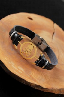 Men - Gold Color Metal Skull Design Black Color Leather Men's Bracelet 100318798 - Turkey