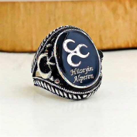 Personalized Three Crescent Name Embroidered Tugra and Crescent and Star Silver Ring 100347687