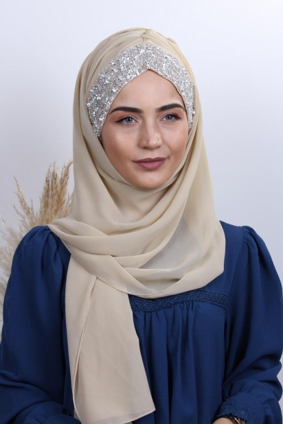 Woman Hijab & Scarf - Stone Design Bonnet Shawl Beige 100282986 - Turkey