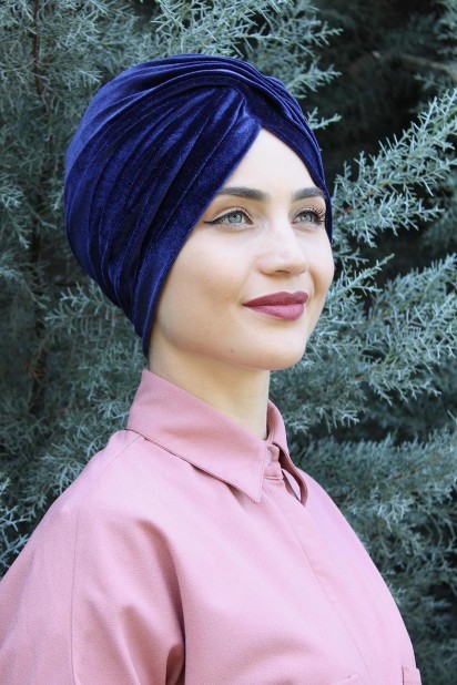 Woman Bonnet & Turban - Velvet Sequined Vera Bonnet Navy Blue 100285060 - Turkey