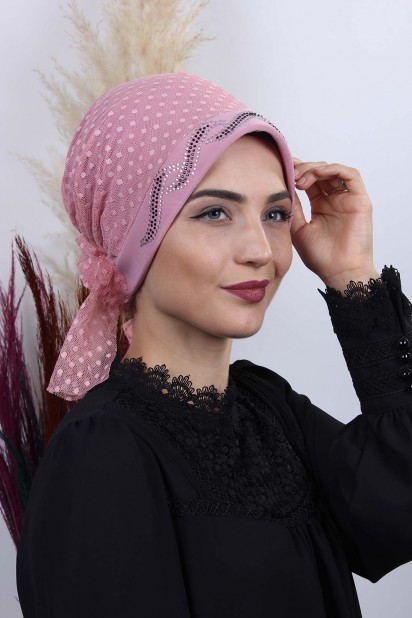 Woman Bonnet & Hijab - Tulle Polka Dot Leaf Bone Powder Pink 100285041 - Turkey