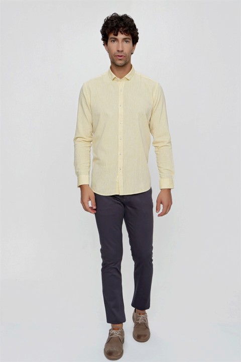 Men's Yellow Harmony Linen Long Sleeve Regular Fit Wide Cut Soft Collar Shirt 100351066