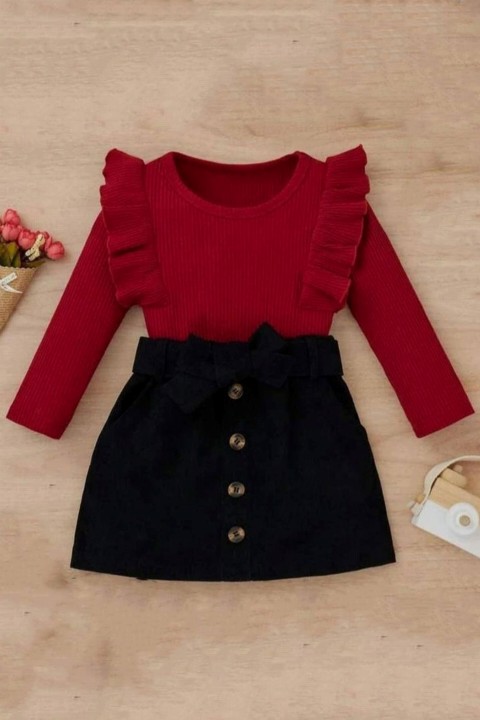 Outwear - Girl's New Frilly and Double Pocket Front Button Detailed Black Velvet Skirt Suit 100327637 - Turkey
