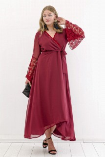 Plus Size Sleeves Lace Ruffle Chiffon Evening Dress Claret Red 100276336