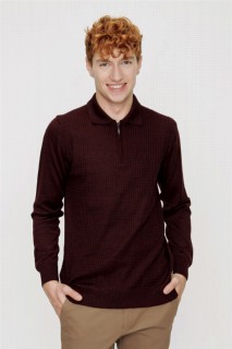 Men's Dark Claret Red Dynamic Fit Zippered Polo Neck Knitwear Sweater 100345120