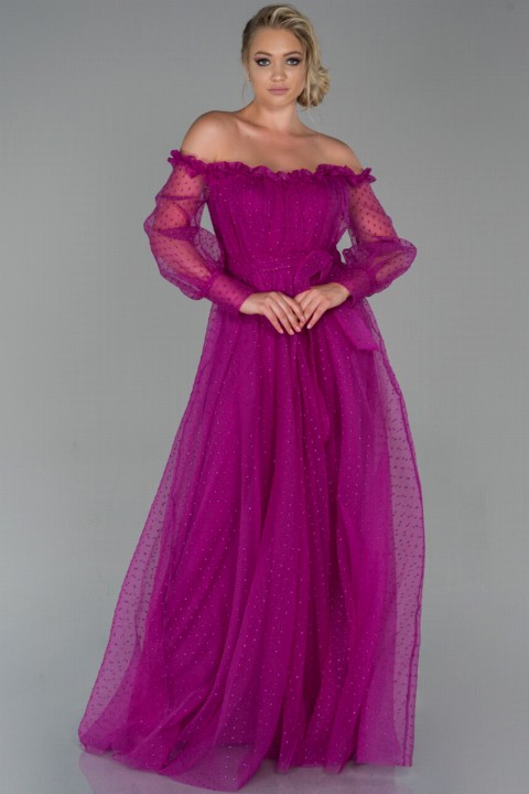 Woman - Evening Dress Boat Neck Long Sleeve Glittery Dalya Evening Dress 100297450 - Turkey