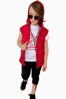Boy's Back Chain Detail Front Snap Button and Hooded Red-Black Tracksuit Suit 100328721
