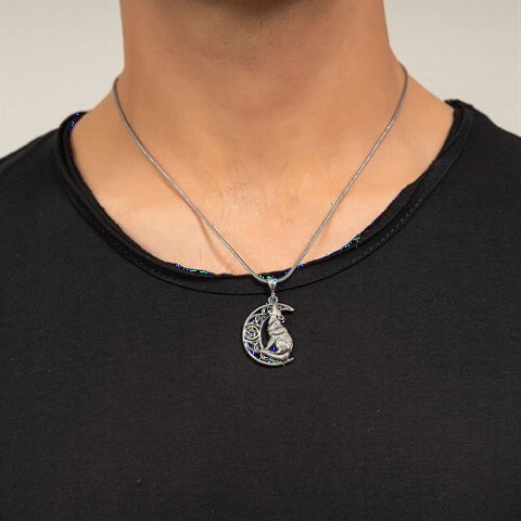 Necklace - Gray Wolf Moon Motif Silver Necklace 100349457 - Turkey