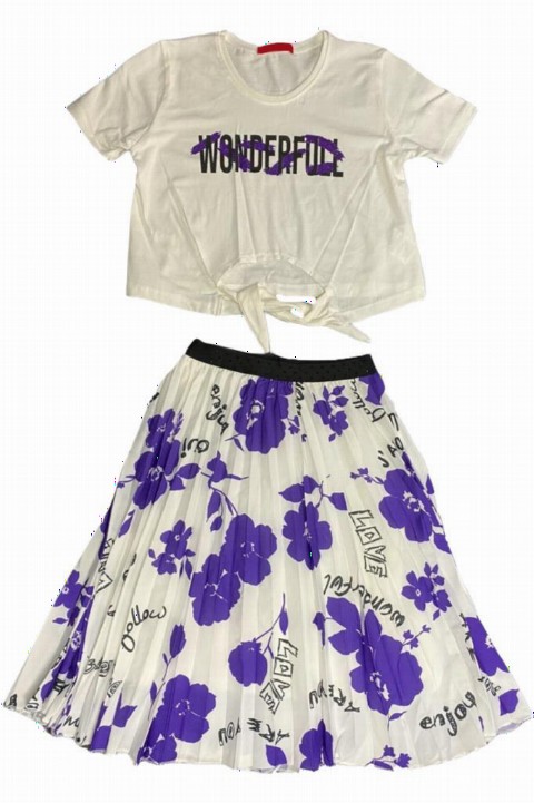 Girl's Glittery Text Printed Waistband Floral Lilac Pleat Skirt Suit 100327254