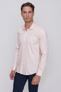 Men Clothing - Men Salmon Compact Slim Fit Slim Fit Plain 100% Cotton Satin Shirt 100350884 - Turkey