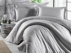 Cotton Satin Double Duvet Cover - Dowry Land Stripe Bettbezug-Set aus doppeltem Baumwollsatin Grau 100330004 - Turkey