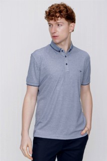 Men's Blue Mercerized Touch Button Collar Dynamic Fit Comfortable Cut T-Shirt 100351408