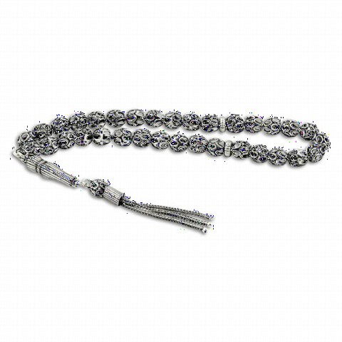 Rosary - Oval Cut Oxidized Patterned Silver Rosary 100348096 - Turkey