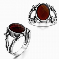 Zircon Stone Rings - Red Zircon Stone Sword Motif Sterling Silver Ring 100346393 - Turkey