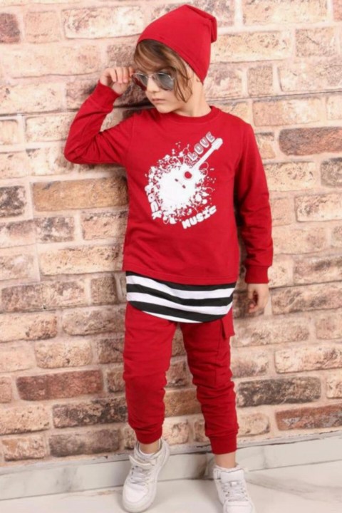 Tracksuit Set - بدلة رياضية لون أحمر كلاريت مزينة بطبعات روك للأولاد 100327119 - Turkey