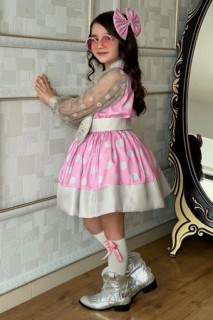 Girls' Polka Dot and Bowtie Belt 4 Piece Pink Evening Dress 100328739