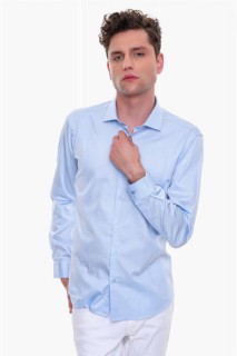 Men's Ice Blue 100% Cotton Slim Fit Slim Fit Straight Italian Collar Long Sleeve Shirt 100350595