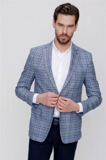 Men's Blue Linen Woven Plaid Checkered Dynamic Fit Casual Fit 6 Drop Jacket 100350887