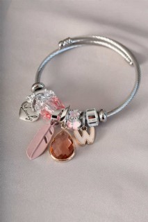 Bracelet - Pink Feather Detailed Crystal Stone Charm Bracelet 100319984 - Turkey