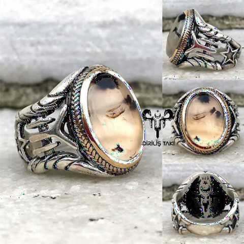 Silver Rings 925 - Yemen Agate Stone Kayı Size Coated Silver Men's Ring 100349199 - Turkey