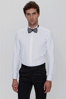 Men's White Cuffed Soft Satin Collar Plain Slim Fit Shirt 100351048
