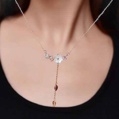 Necklaces - Snowdrop Flower Purple Zircon Stone Silver Necklace Rose 100349871 - Turkey