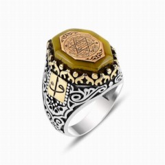 mix - Amber Stone Seal of Prophet Solomon Model Silver Ring 100348113 - Turkey