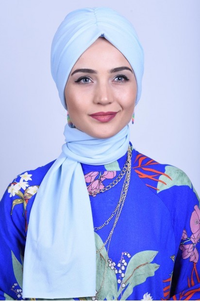Woman Bonnet & Turban - Geraffte Krawattenmütze Babyblau - Turkey