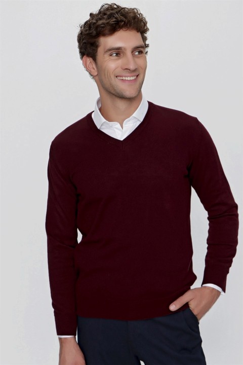 Men's Dark Claret Red Basic Dynamic Fit Relaxed Cut V Neck Knitwear Sweater 100345154
