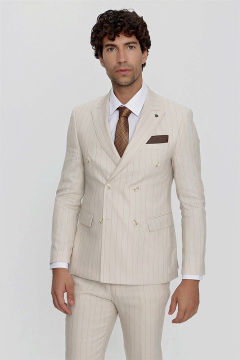 Men's Beige Slim Fit Slim Fit 6 Drop Striped Suit 100350987