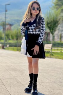 Girl Child Front Tied Crowbar Pattern Double Breasted Collar Black Skirt Suit 100344697