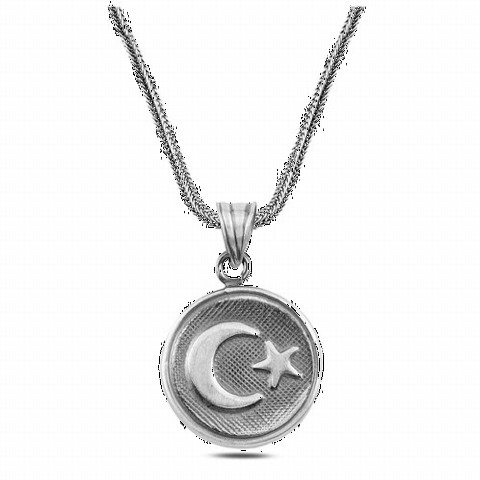 Tumbled Moon Star Embroidered Silver Cevşen Necklace 100346783