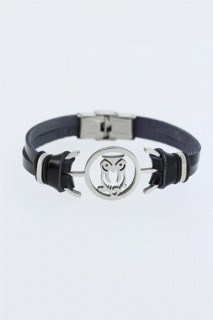 Men - Silver Color Owl Figured Black Color Leather Men's Bracelet With Metal Accessories 100318636 - Turkey