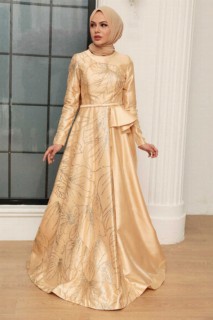 Woman Clothing - Beige Hijab Evening Dress 100340702 - Turkey