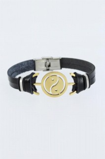 Men - Gold Color Yin Yang Figured Metal Accessory Black Color Leather Men's Bracelet 100318586 - Turkey