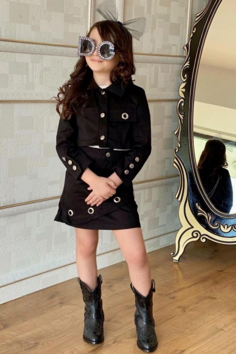Girl's Back Chain and Button Detailed 4-piece Black Skirt Suit 100327407