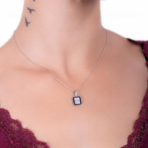 Other Necklace - Black Enamel Baguette Stone Silver Necklace 100347463 - Turkey
