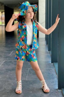 Girls - Girl's Tropical Blue Shorts Set With Parrot 100326796 - Turkey