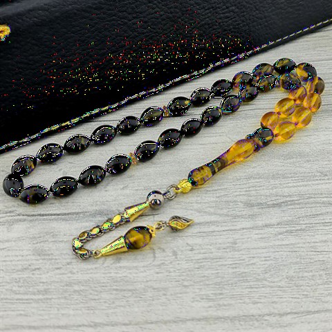 Black Yellow Color Transition Gold Plated Tasseled Fire Amber Rosary 100349375