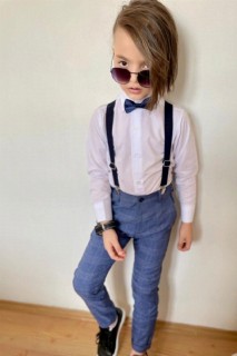 Boys Navy Blue Top Set With Plaid Pants and Suspenders 100326752